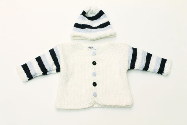 Hand Made White/navy Cardigan & Hat Set