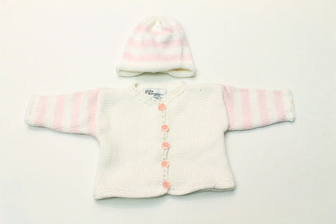 Hand Made  White/Pink Cardigan & Hat Set