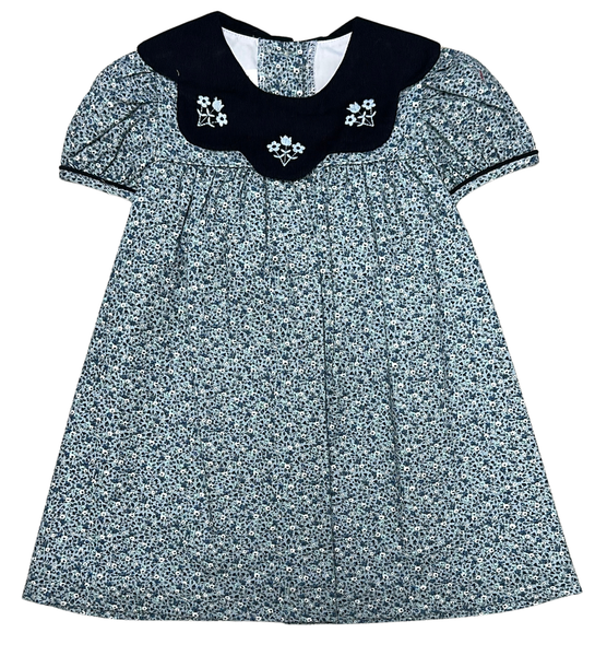 Navy Floral Scallop Collar Dress