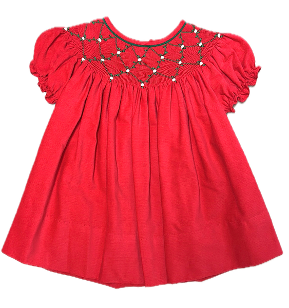 Red Smocked Bishop Dress.  CALL TO PURCHASE