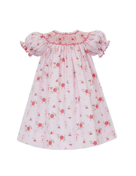 Red Smocked Floral Bishop DRess.   Call to Purchase
