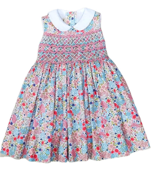 Smocked Pink/Blue Floral Dress.  Sizes 4-7