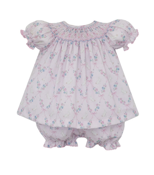 Pink Bunny Print Smocked Bloomer Set