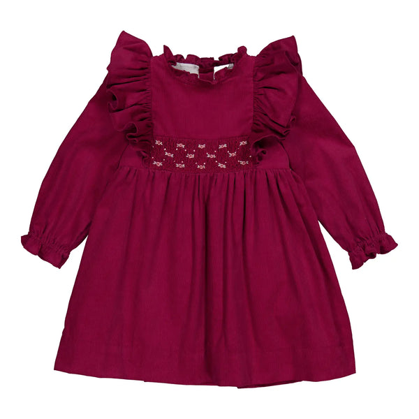 French Bordeaux Smocked Ruffle Dress