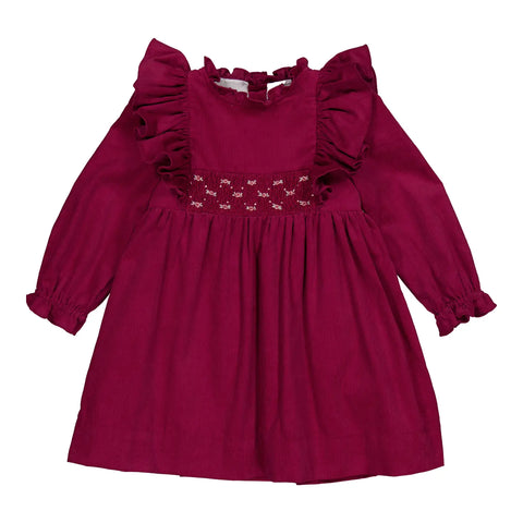 French Bordeaux Smocked Ruffle Dress