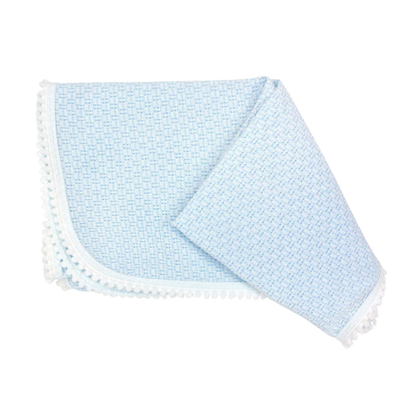 Blue Knit Pom Pom Blanket