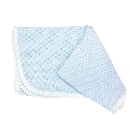 Blue Knit Pom Pom Blanket