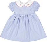 Blue Striped Dress w/Bow Embroidered Collar