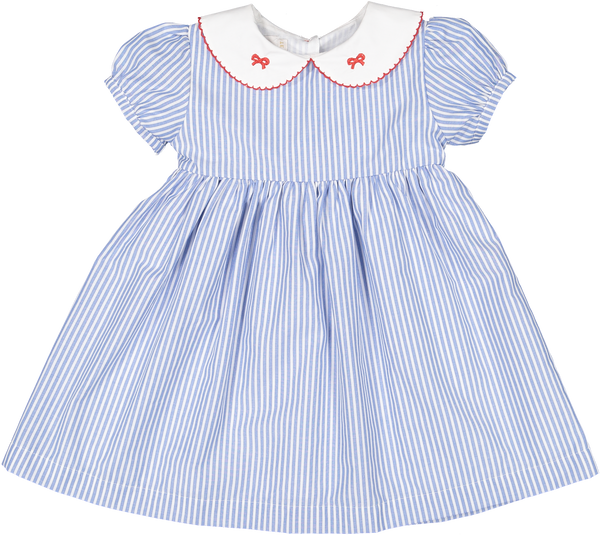 Blue Striped Dress w/Bow Embroidered Collar