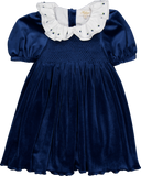 French Smocked Navy Velvet Dress.  Sizes 12m-6yr