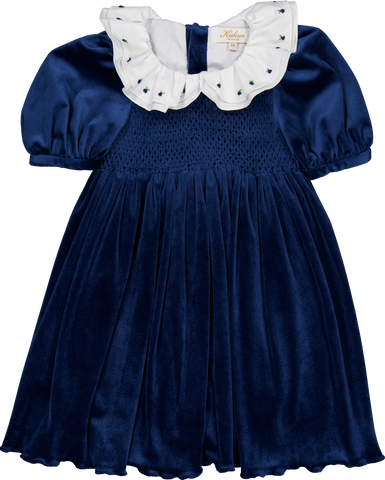 French Smocked Navy Velvet Dress.  Sizes 12m-6yr
