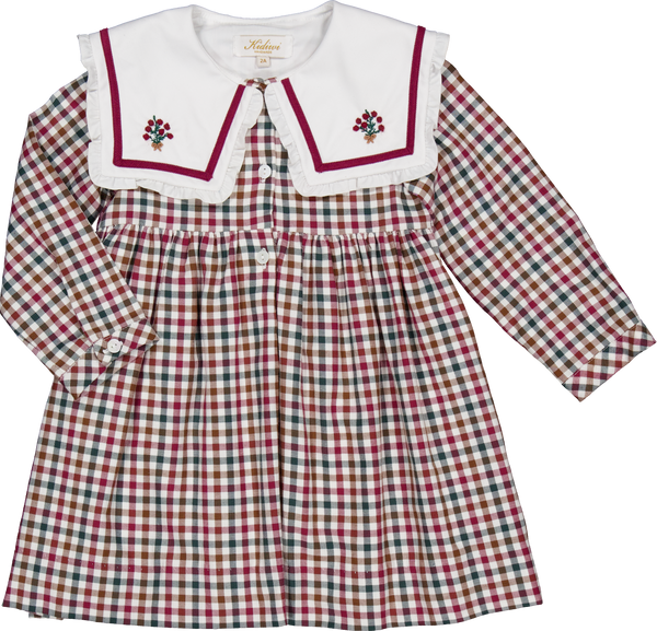 French Red/Green Check Embroidered Collar Dress
