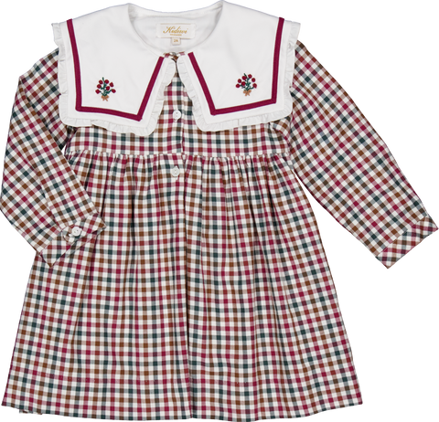 French Red/Green Check Embroidered Collar Dress