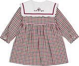 French Red/Green Check Embroidered Collar Dress