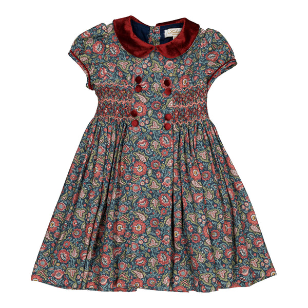 Floral Rison Dress, velvet collar and buttons