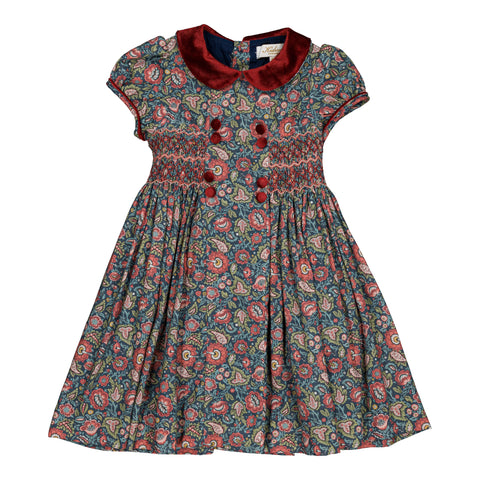 Floral Rison Dress, velvet collar and buttons - SOLD