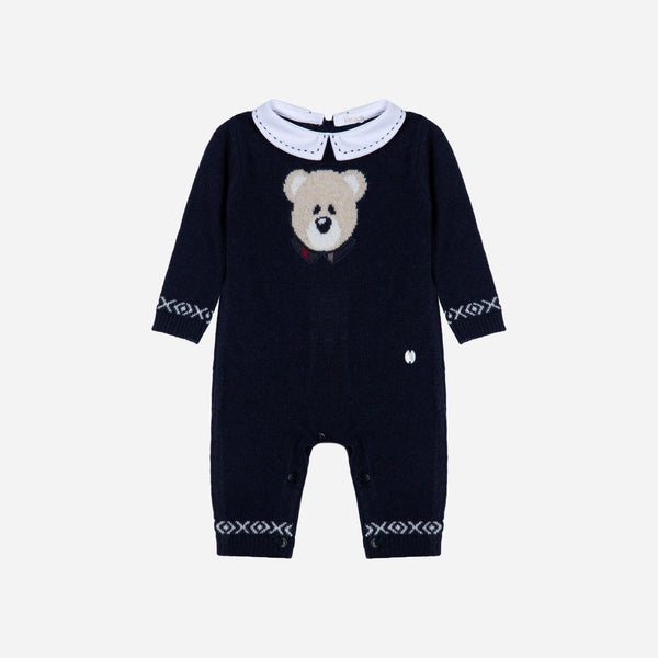 Navy Knit Teddy Face Romper
