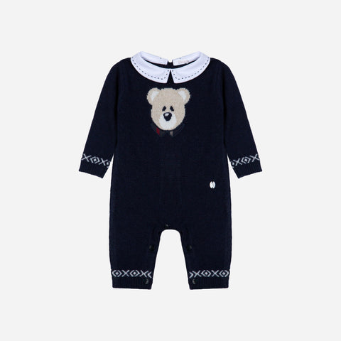 Navy Knit Teddy Face Romper
