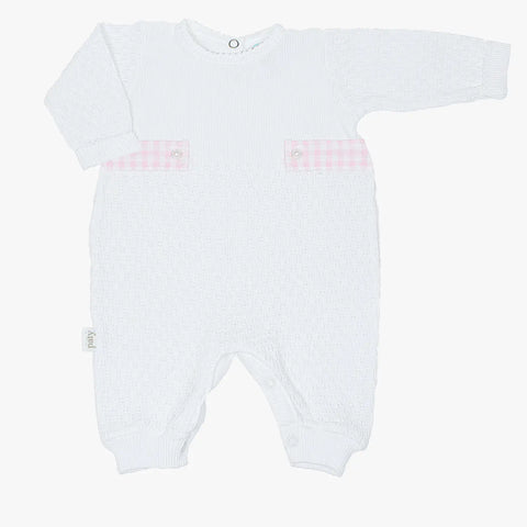 White Knit Pink Check Tabs Romper