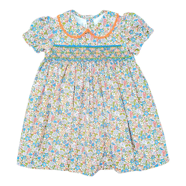 Smocked Blue & Orange Liberty Dress