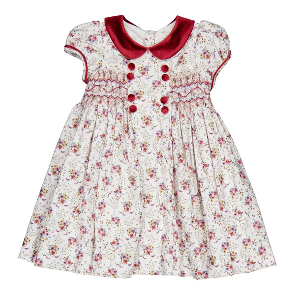French Smocked Burgundy Floral Dress