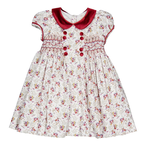 French Smocked Burgundy Floral Dress