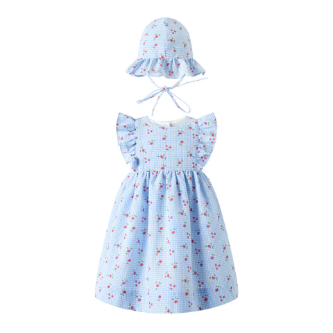 Blue Gingham Floral Dress & Hat