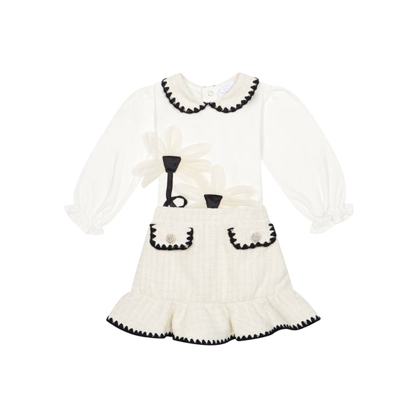 Ivory/Black Pocket Skirt & Blouse w/Flower