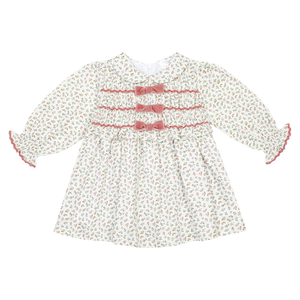Coral Smocked Liberty Print w Velvet Bows Dress