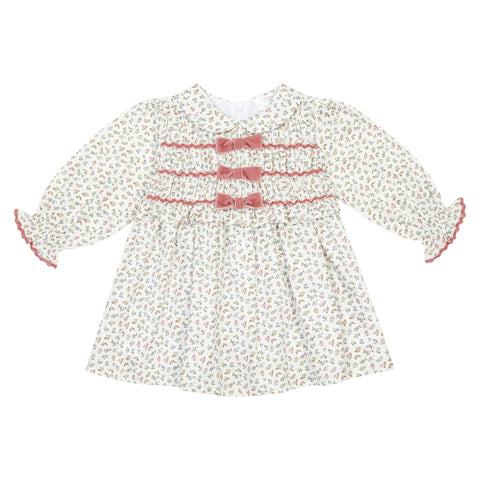 Coral Smocked Liberty Print w Velvet Bows Dress