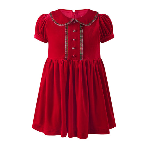 Red Velvet Tartan Trim Dress