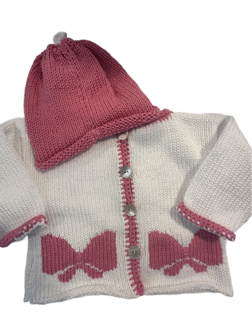 Hand Knit Bow Cardigan & Hat