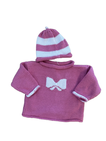 Hand Knit Pink Bow Rollneck & Hat