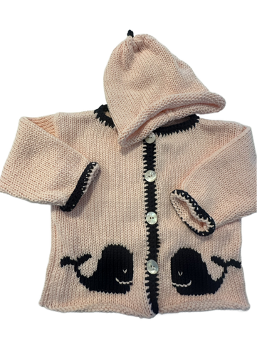 Hand Knit Pink Whale Cardigan & Hat