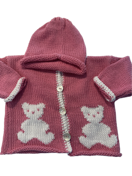 Hand Knit Pink Teddy Bear Cardigan & Hat