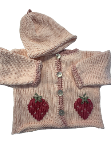 Hand Knit Pink Strawberry Cardigan & Hat