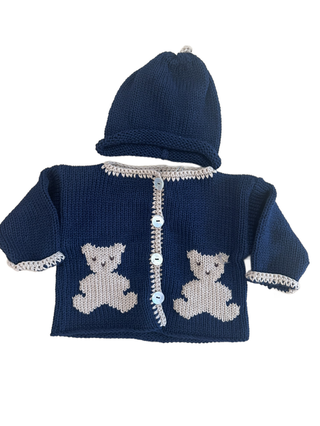 Hand Knit Navy Teddy Bear Cardigan & Hat