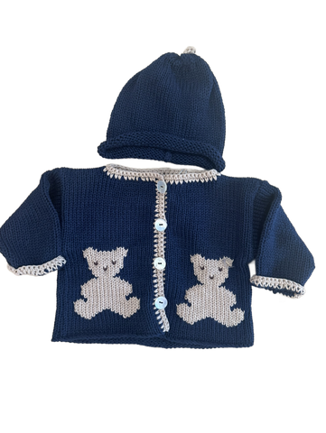 Hand Knit Navy Teddy Bear Cardigan & Hat