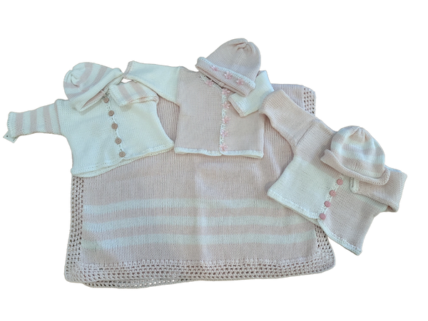 Pink Cotton Knit Blanket, Cardigan & Hat.  CALL TO PURCHASE