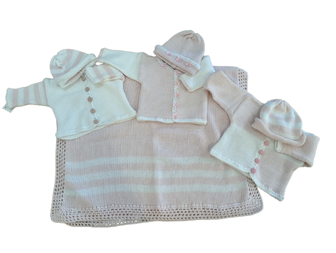 Pink Cotton Knit Blanket, Cardigan & Hat.  CALL TO PURCHASE