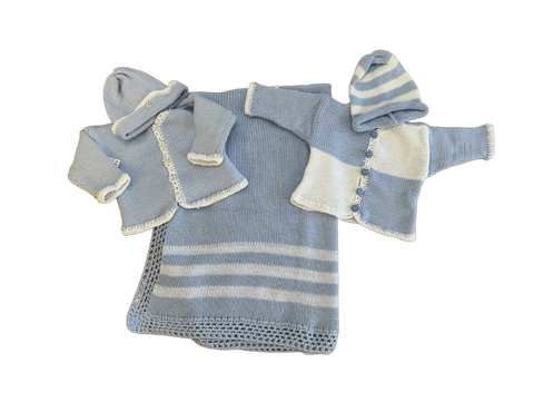 Blue Cotton Knit Blanket, Cardigan & Hat.      CALL TO PURCHASE