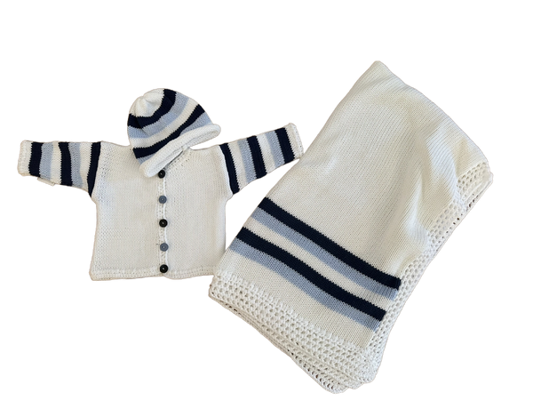 Cotton Knit Blanket, Cardigan & Hat.        CALL TO PURCHASE