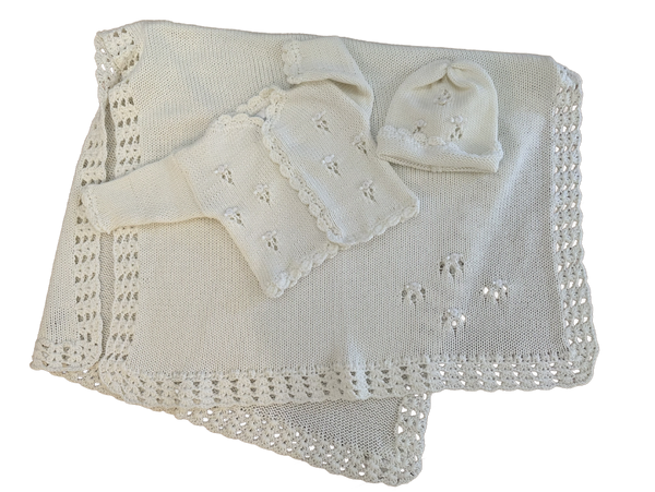 White Drop Stitch Blanket, Cardigan & Hat.    CALL TO PURCHASE