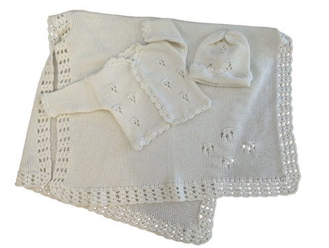 White Drop Stitch Blanket, Cardigan & Hat.    CALL TO PURCHASE