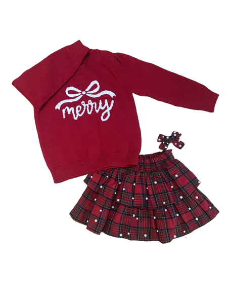 Red Merry Sweater and Pearl Plaid Ruffle Skirt Set