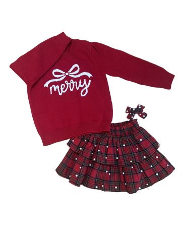Red Merry Sweater and Pearl Plaid Ruffle Skirt Set