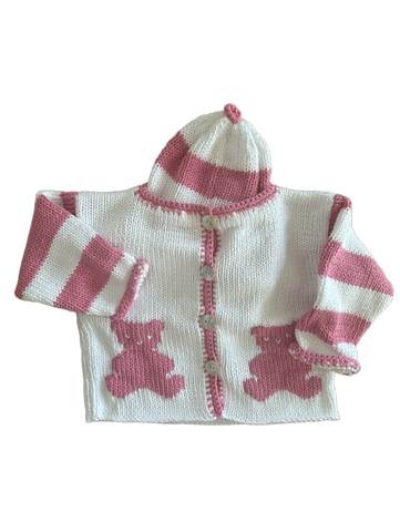 Hand Knit Pink Teddy Cardigan & Hat