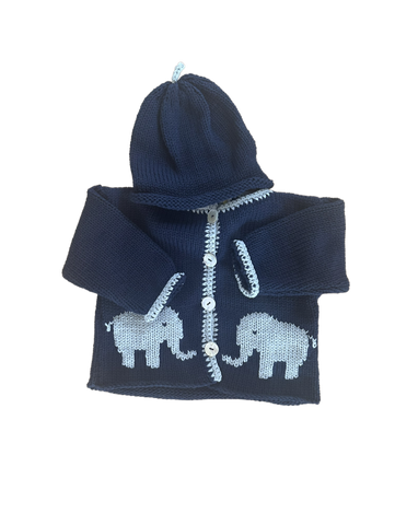 Hand Knit Navy Elephant Cardigan & Hat