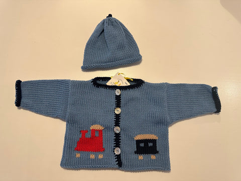 Hand Knit Train Cardigan & Hat