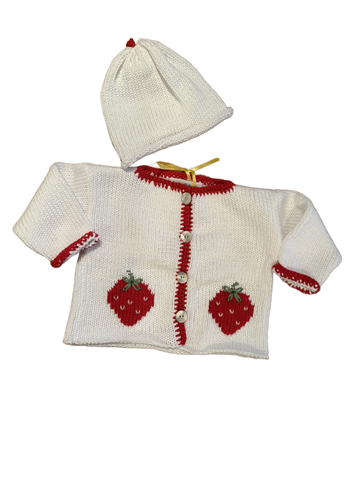 Hand Knit Strawberry Cardigan & Hat